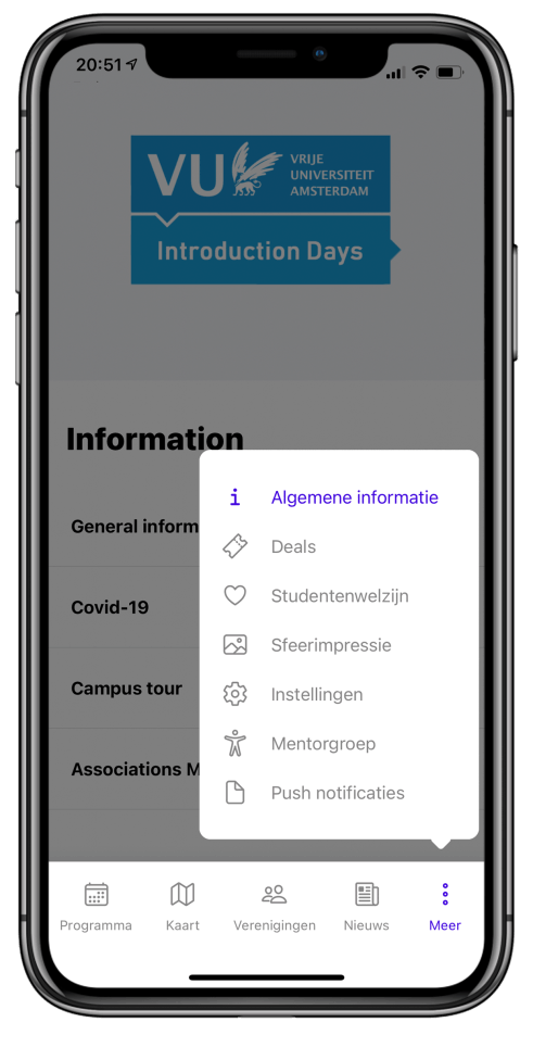 Overzichtelijk menu met alle modules — VU app